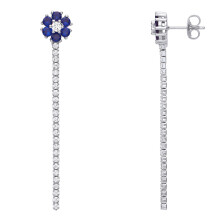 Jewelco London Ladies Rhodium Plated Sterling Silver Blue CZ Flower Petal Cluster Shoulder Duster Drop Earrings - EAG1078SAP