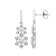 Jewelco London Ladies Rhodium Plated Sterling Silver CZ Double Hexagon Honeycomb Molecular Structure Drop Earrings - EAG1117