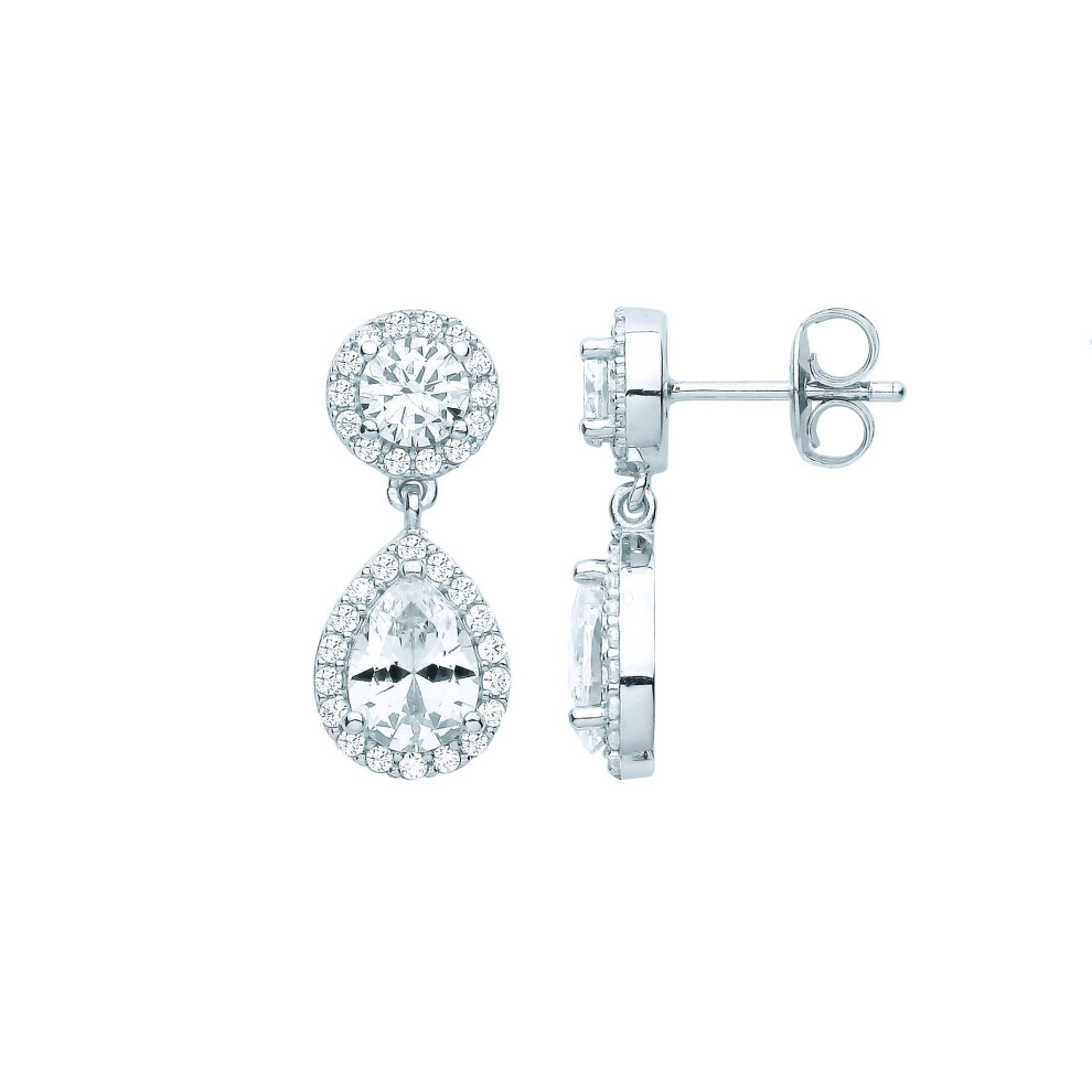 Jewelco London Ladies Rhodium Plated Sterling Silver Pear Cz Raindrop Double Halo Drop Earrings - Eag1064