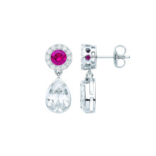Jewelco London Ladies Rhodium Plated Sterling Silver Red Pear CZ Raindrop Halo Cluster Solitaire Drop Earrings - EAG1069