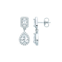 Jewelco London Ladies Rhodium Plated Sterling Silver Pear Radiant CZ Raindrop Double Halo Drop Earrings - EAG1063