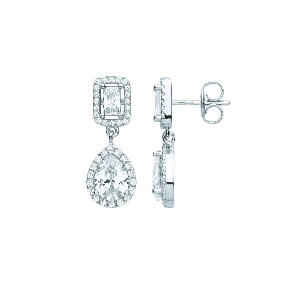 Jewelco London Ladies Rhodium Plated Sterling Silver Pear Radiant Cz Raindrop Double Halo Drop Earrings - Eag1063