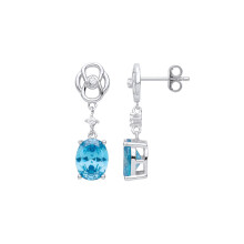 Jewelco London Ladies Rhodium Plated Sterling Silver Swiss Blue Oval CZ Celtic Knot Pendulum Drop Earrings - EAG1033