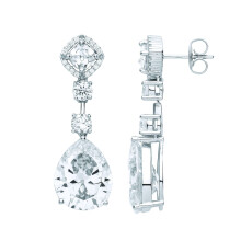 Jewelco London Ladies Rhodium Plated Sterling Silver Pear Cushion CZ Heavy Raindrop Halo Drop Earrings - EAG1086