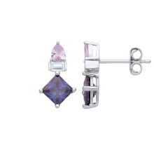 Jewelco London Sterling Silver Purple Lilac Princess Pear CZ Bishop Mitre Trilogy Toi et Moi Drop Earrings - EAG1243