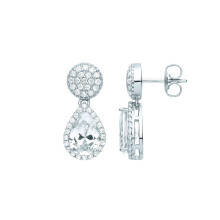 Jewelco London Ladies Rhodium Plated Sterling Silver Pear CZ Pave Pillow Cluster Raindrop Halo Drop Earrings - EAG1087