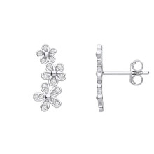 Jewelco London Ladies Rhodium Plated Sterling Silver CZ Trilogy Daisy Flower Cluster Drop Earrings - EAG1168