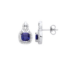 Jewelco London Ladies Rhodium Plated Sterling Silver Blue Cushion CZ Baby Carrier Sling Drop Earrings - EAG1132