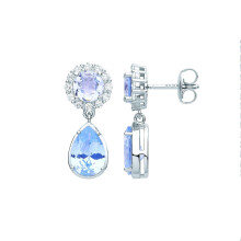 Jewelco London Ladies Rhodium Plated Sterling Silver Blue Pear CZ Raindrop Halo Cluster Solitaire Drop Earrings - EAG1070