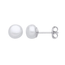 Jewelco London Ladies Rhodium Plated Sterling Silver Cream Pearl Levana Full Moon Button Stud Earrings - EAG1268-8.5MM