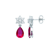 Jewelco London Ladies Rhodium Plated Sterling Silver Red Pear CZ Snowflaked Blood Drop Cluster Drop Earrings - EAG1077