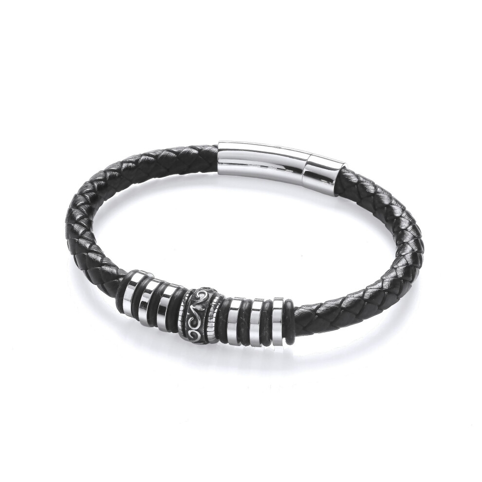 Jewelco London Mens Black Leather Stainless Steel Plain Weave Tribal Scroll Rings Strap Bracelet 6mm 8 inch - BRC186-image-OPC-PD28NG8-NEW
