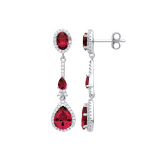 Jewelco London Ladies Rhodium Plated Sterling Silver Red Pear Oval CZ Royal Cluster Shoulder Duster Drop Earrings - EAG1015RU
