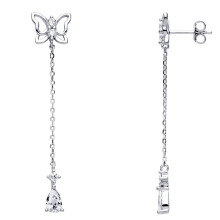 Jewelco London Ladies Rhodium Plated Sterling Silver Pear CZ Butterfly Shoulder Duster Drop Earrings - EAG1008