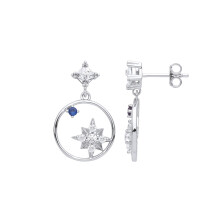 Jewelco London Ladies Rhodium Plated Sterling Silver Blue Princess CZ Orbit Star Planet Drop Earrings - EAG1003