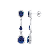 Jewelco London Ladies Rhodium Plated Sterling Silver Blue Pear Oval CZ Royal Cluster Shoulder Duster Drop Earrings - EAG1015SAP