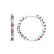 Jewelco London Ladies Rhodium Plated Sterling Silver Blue Red Green CZ Circle of Life Coral Rainbow Hoop Earrings - EAG1024