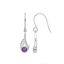 Jewelco London Ladies Rhodium Plated Sterling Silver Purple CZ Flower Stem Leaf Solitaire Drop Earrings - EAG1020