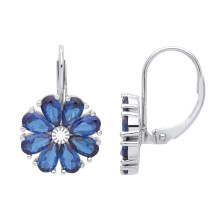 Jewelco London Ladies Sterling Silver Blue Pear CZ Octopetala 8 Petal Flower Sunshine Cluster Drop Earrings - EAG1025