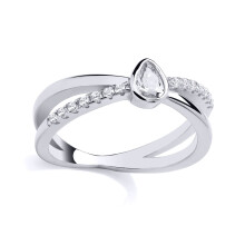 (R) Jewelco London Ladies Rhodium Plated Sterling Silver Pear CZ Crossover Teardrop Eternity Engagement Ring - GSR1017