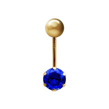 (Blue) Jewelco London Ladies 9ct Yellow Gold 6mm Cubic Zirconia Solitaire Banana Belly Bar Body Piercing 10mm - JBJ100-ABC