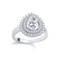 (O) Jewelco London Ladies Rhodium Sterling Silver Pear CZ Double Teardop Halo Cluster Solitaire Engagement Ring - GSR1015