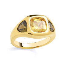 (R) Jewelco London Yellow Gold-Plated Sterling Silver Yellow & Olive Cushion & Trillion CZ Bold Sunken Cluster Cocktail Ring - GSR1052