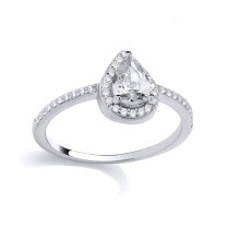 (Q) Jewelco London Rhodium Plated Sterling Silver Pear CZ Teardrop Halo Shoulder Set Solitaire Engagement Ring - GSR1056