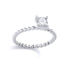 (L) Jewelco London Rhodium Plated Sterling Silver Princess CZ Beaded Minimalist 4-Claw Engagement Solitaire Ring - GSR1037