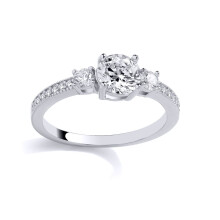 (Q) Jewelco London Rhodium Plated Sterling Silver CZ Shoulder Set Graduated Trilogy Engagement Ring - GSR1057