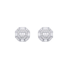 Jewelco London Ladies Rhodium Sterling Silver Baguette CZ Octagon Chamber Halo Cluster Stud Earrings - EAG1286
