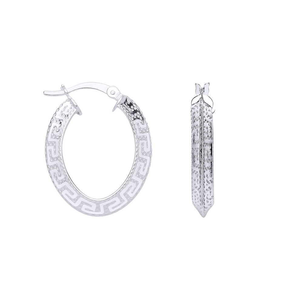 Jewelco London Ladies Rhodium Sterling Silver Knife Edge Greek Eye Flat Oval Hoop Creole Earrings - Er199