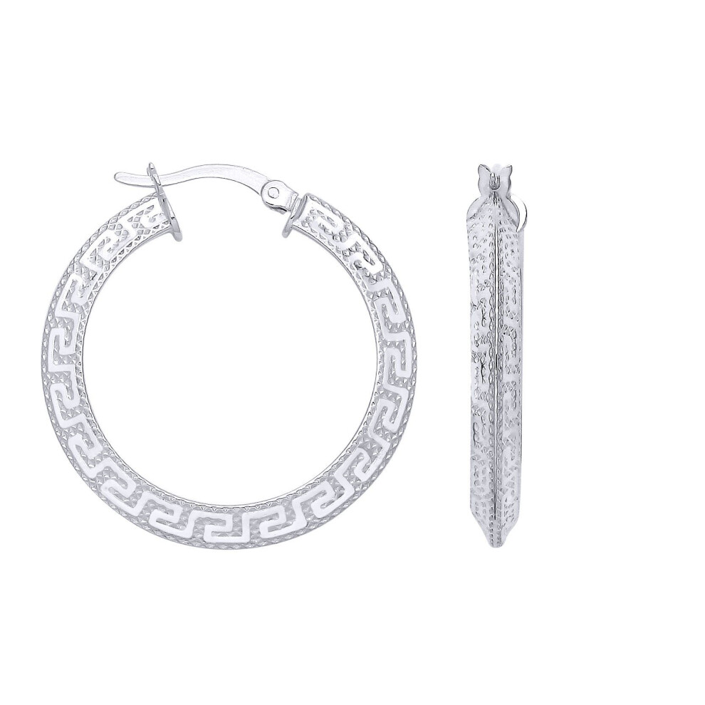 Jewelco London Ladies Rhodium Sterling Silver Knife Edge Greek Eye Flat Round Hoop Creole Earrings - Er198