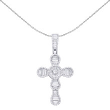 Jewelco London Unisex Rhodium Sterling Silver Baguette CZ Art Deco Raindrop Sunburst Cluster Cross Pendant Necklace - GVX105