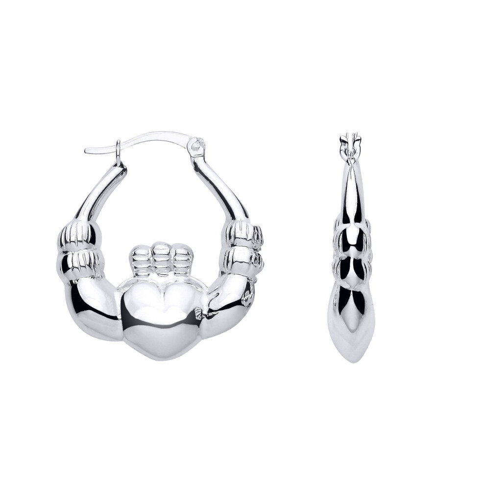 Jewelco London Ladies Rhodium Sterling Silver Puffed Claddagh Creole Earrings - Er204