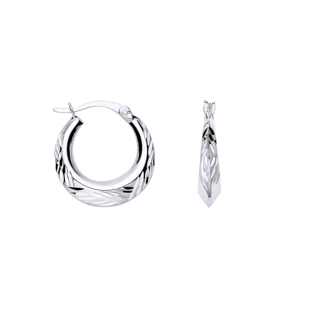 Jewelco London Ladies Rhodium Sterling Silver Diamond-Cut Feathered Round Hoop Creole Earrings - Er171