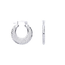 Jewelco London Ladies Rhodium Sterling Silver Diamond-cut Rope Edge Pave Bead Texture Creole Earrings - ER180