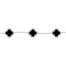Jewelco London Silver Black Clover Onyx & CZ Halo Lucky Charm 5 Station Bracelet 7-8.5" - ABB249