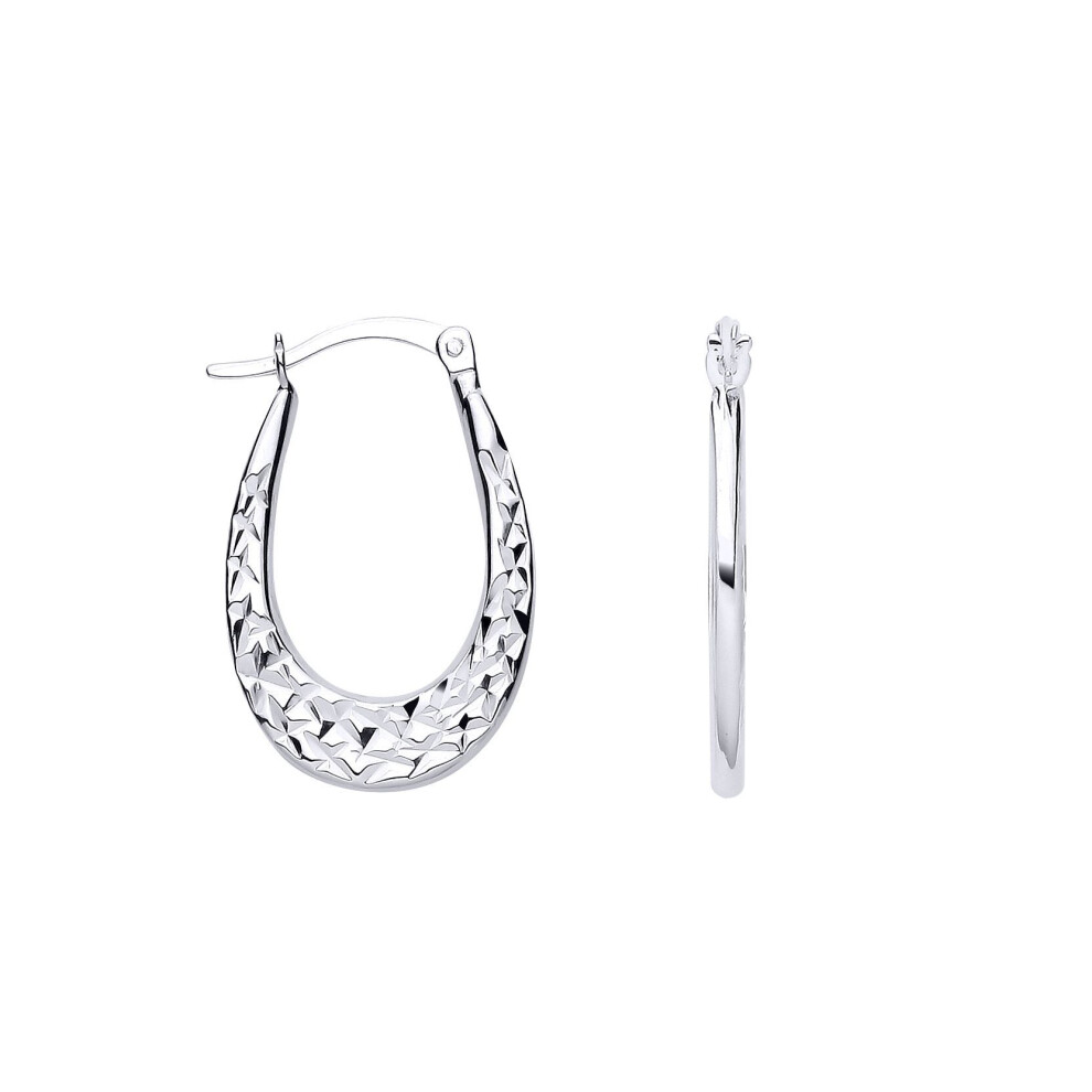 Jewelco London Ladies Rhodium Sterling Silver Hammered Oval Handbag Creole Earrings - Er178