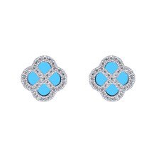 Jewelco London Sterling Silver CZ Turquoise Clover Kiss Stud Earrings 11mm - 8-59-1916