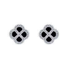 Jewelco London Sterling Silver CZ Black Onyx Clover Kiss Stud Earrings 11mm - 8-59-1919