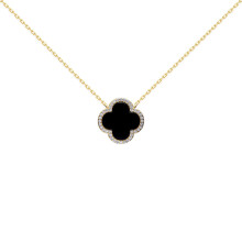 Jewelco London Gold-plated Silver Black Clover Onyx & CZ Halo Lucky Charm Pendant Necklace 16-18" - ANC102-GP