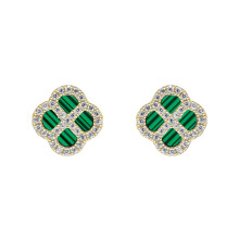 Jewelco London Gold-plated Sterling Silver CZ Green Malachite Clover Kiss Stud Earrings 11mm - 8-59-1923