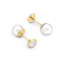 Jewelco London Women's 9ct Gold Cultured Freshwater Pearl & Cubic Zirconia Full Moon Double-Sided Stud Earrings 4mm & 6mm - 1-58-9459