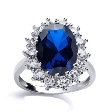 (O) Jewelco London Sterling Silver Sapphire-Blue Oval Cubic Zirconia Royal Princess Cluster Solitaire Engagement Ring - GVR668SAP