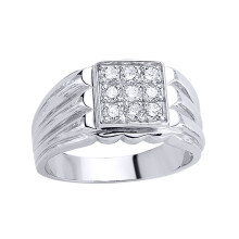 (X) Jewelco London Mens Sterling Silver Cubic Zirconia 9 Stone Cluster Signet Ring - GVR003