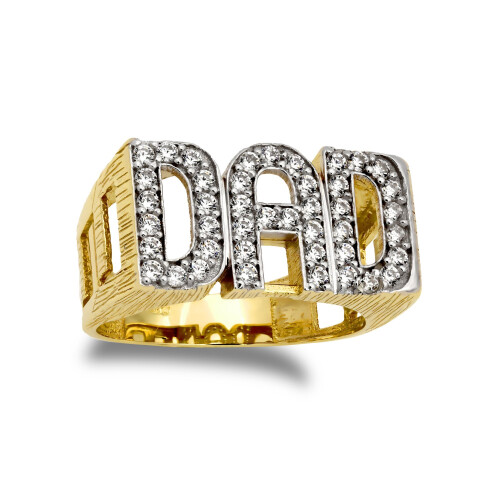 (Y) Jewelco London Men's Solid 9ct Yellow Gold White Round Brilliant Cubic Zirconia Curb Link Sides DAD Ring - JRN502