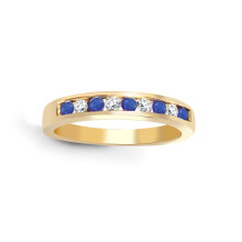(O) Jewelco London 9ct Gold Channel Set H I1 0.14ct Diamond Blue 0.26ct Sapphire Dainty Band Eternity Ring 3.5mm - 9R033