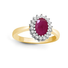 (Q) Jewelco London 9ct Gold Cluster Set H I2 0.23ct Diamond Oval Red 1.1ct Ruby Classic Royal Cluster Ring 11mm - 9R425