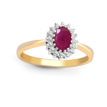 (S) Jewelco London 9ct Gold Cluster Set H I2 0.12ct Diamond and Oval Red 0.6ct Ruby Classic Royal Cluster Ring 9mm - 9R405